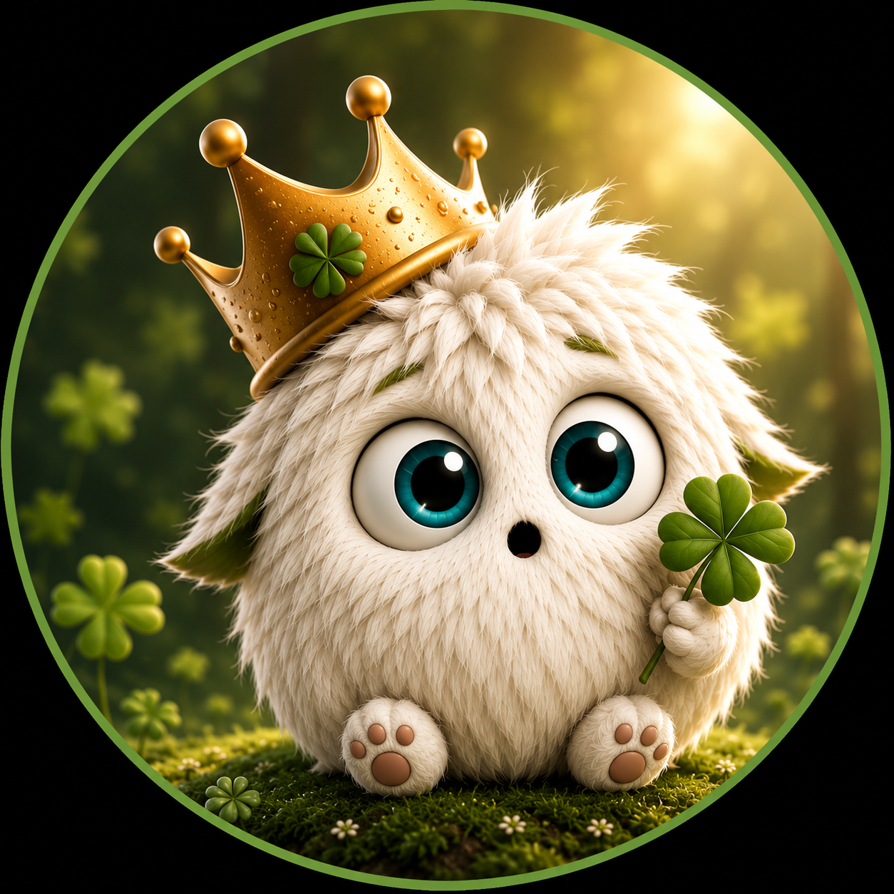 PLORF, a fluffy white creature wearing a golden crown and holding a four-leaf clover